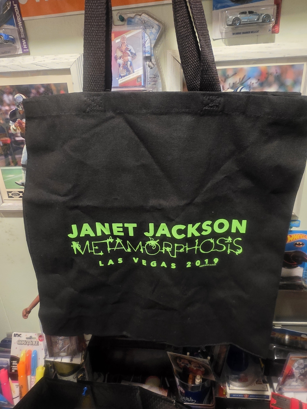 Black Tote Bag with Neon Green Tour Print